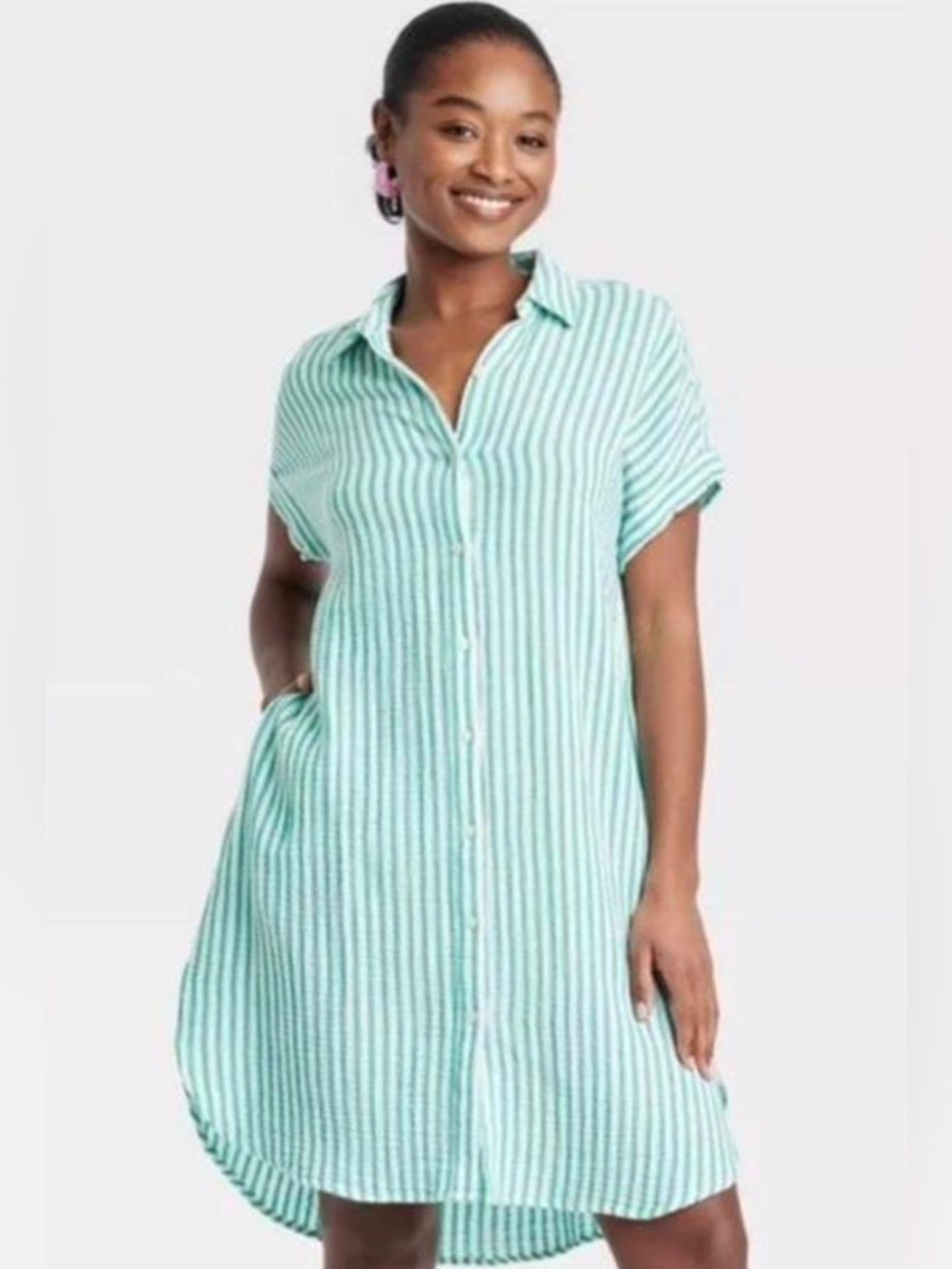 Universal Thread Teal & White Striped High-Low Button Down Casual Shirt Dress L